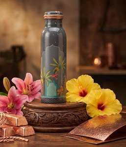 Botella de agua de cobre de diseño oriental con patrón de palmera, portátil, para viaje, con tapa, botella de agua de cobre puro. - Product Image 3