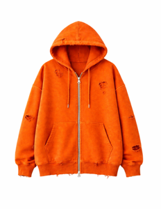Sweat à capuche zippé pour homme, orange, effet vieilli, coupe oversize, style vintage, déchiré, en polaire, streetwear, avec poches - Product Image 2