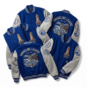 เสื้อแจ็คเก็ตเลตเตอร์แมนขายส่ง สีน้ำเงินเข้ม ผ้าขนสัตว์ ปักลายสมอเรือ หนังสีคอนยัคที่แขนเสื้อ  สำหรับสมาคมการเดินเรือและหน่วยงานท่าเรือ - Product Image 2