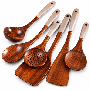 Ensemble d'ustensiles de cuisine en bois écologiques de qualité alimentaire de luxe 6 pièces |   Ustensiles de cuisine en bois naturel avec poignées en émail blanc, faits à la main - Product Image 1