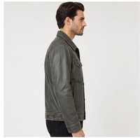 Blouson Moto en Cuir Original Homme Bleu et Marron Col Montant Fermeture Éclair Coupe Slim Manches Classiques Style Color Block Automne