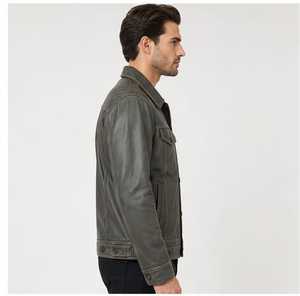 Blouson Moto en Cuir Original Homme Bleu et Marron Col Montant Fermeture Éclair Coupe Slim Manches Classiques Style Color Block Automne - Product Image 4