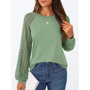 2025 femmes à manches longues col rond Blouses automne mode 2025 à la mode tenues amples XL taille dentelle affaires décontracté habillé hauts - Product Image 5