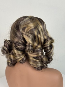 Peluca de Cabello Humano Rizado Corto con Mechas Color Piano, Peluca Bob sin Pegamento de Dos Tonos Marrón y Rubio para Mujer - Product Image 2