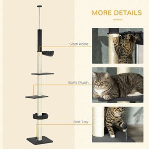 Torre per Gatti a 5 Livelli Regolabile 95-106 cm, Nera e Crema, con Amaca, Tiragraffi e Pallina Giocattolo, Tiragraffi da Terra a Soffitto - Product Image 6