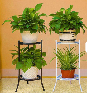 White metal two tier plant stand with round <b>pot</b> <b>holder</b> shelves and slim curved legs ideal for indoor plants balcony garden patio - Product Image 3
