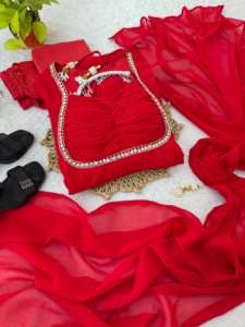 Vestido de fiesta de longitud media con cuello redondo y manga larga de georgette Fox, con detalles de lentejuelas y zari, de NILESH TAILOR FASHION. - Product Image 4