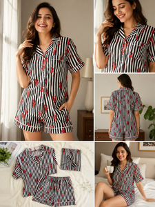 Vibrant Pink Crab Hand Block Print Night Suit Women Cotton Short Sleeve Shirt Shorts Set Casual Handmade Masterpiece Sleepwear - Product Image 4
