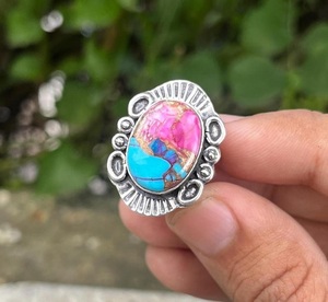 Anillo de Plata de Ley 925 con Turquesa Kingman y Dalia Rosa Hecha a Mano, Anillo de Ostra Espinosa, Regalo para Mujer - Product Image 3