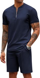 Ensemble deux pièces tricoté de haute qualité pour homme : T-shirt décontracté à col zippé et short athlétique respirant et confortable pour la course et l'entraînement estival - Product Image 2