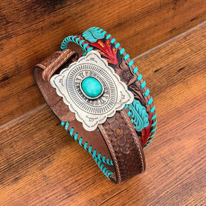 Cinturón de cuero genuino con hebilla de piedra turquesa OEM, accesorio de moda de gama alta ajustable informal de lujo para hombres - Product Image 4