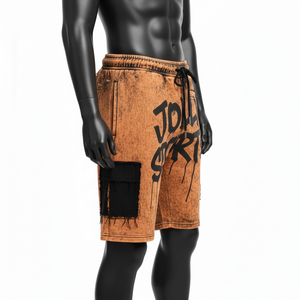 Pantalones Cortos de Algodón Pesado con Lavado Ácido para Hombre, 280 GSM, Tela de Felpa Suave Premium, Panel con Parche Marrón, Logotipo Personalizado - Product Image 3