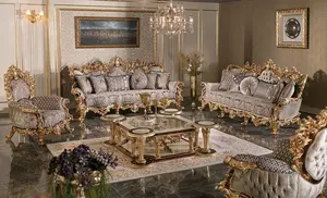 Juego de Sofás de Madera de Teca Tallada de Lujo Estilo Palacio, Sala de Estar Tradicional Personalizada, Cómoda y Duradera, Área de Descanso Acolchada - Product Image 5