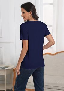 <b>Women's</b> <b>Navy</b> Blue Crew Neck Short Sleeve T-Shirt Slim Fit Casual Solid Color 100% Cotton Jersey Fabric Breathable All Seasons - Product Image 2