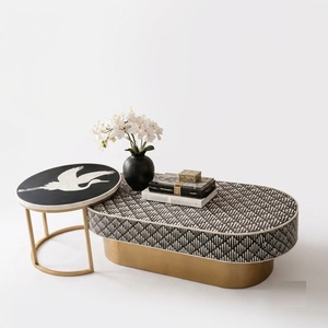 Table basse ronde en os incrusté, motif marocain fait main, table centrale avec base en laiton sur mesure, meubles en os de chameau incrusté, en promotion - Product Image 3
