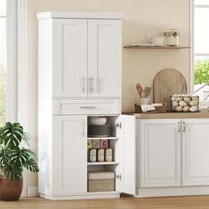 Armoire de cuisine autoportante en bois massif avec structure en acier et métal, étagères blanches réglables - Product Image 2