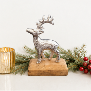 Elegant Silver Aluminum Reindeer Figurine Statue With Natural Mango Wood Base Modern Handcrafted Stag Sculpture For <b>Christmas</b> - Product Image 6