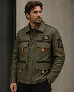 Veste en cuir vert olive pour homme, style workwear, col rabattu, design à patchs, coupe-vent, vêtement d'automne - Product Image 4