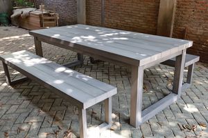 Garden <b>Set</b> 1 <b>Dining</b> Table 220x100 cm & 2 <b>Bench</b> Solid Teak Wood Grey Finish for Outdoor Use Seating 6 - Product Image 2