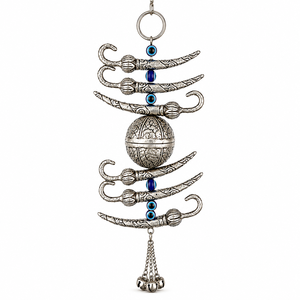 Décoration de porte principale en argent allemand avec pendentif Nimbu Mirchi, perles anti-mal et clochettes décoratives pour l'entrée de la maison - Product Image 1