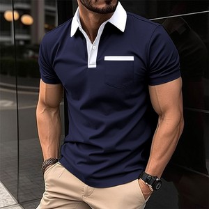 Men's Polo <b>Shirt</b> Summer Solid Color Turn-Down <b>Collar</b> Color Pocket Short Elastic Sleeve Business Top - Product Image 1