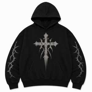 Sweat à capuche unisexe vintage gothique noir surdimensionné avec imprimé croix en coton French Terry 400g, manches classiques, poche avant, style hiver - Product Image 2