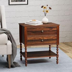 Comodino Moderno Stile Mid-Century 61*45*68CM con 2 Cassetti, Gambe in Legno Massello, Marrone, in Truciolato P2, con Divisorio Inferiore in Carta 3D Incluso - Product Image 1