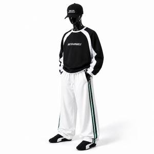 ONETEN APPARELS Men's Black <b>White</b> Windproof Printed Raglan Sleeve <b>Sweatshirt</b> Set Full Length Drawstring Pants Loose Fit - Product Image 3