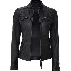 Chaqueta de Moto de Cuero PU para Mujer, Manga Larga, Cuello Alto, Cierre de Cremallera, Resistente al Viento, Color Negro Sólido, Corte Regular - Product Image 6