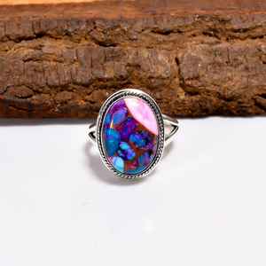 Anillo ovalado de cobre con turquesa y forma de ostra, ajustable, de plata de ley 925, hecho a mano, estilo bohemio, regalo para mujer - Product Image 1