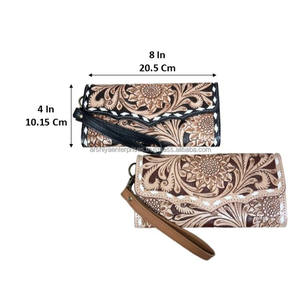 กระเป๋าคลัทช์หนังวัวแท้ลายนูนรูปดอกทานตะวัน งานแฮนด์เมด พร้อมสายคล้องมือสำหรับผู้หญิง กระเป๋าคลัทช์ใบยาวมีช่องซิป รับผลิตแบบ OEM ODM ขายส่ง - Product Image 2