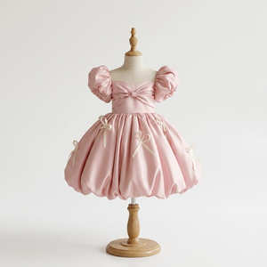 Imperial Luxury Princess Dress Blush Pink Satin <b>Bubble</b> Hem Puff Sleeve Statement Bow Girls Party Dress Boutique Kids Occasion - Product Image 1