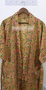 Kimono largo sin cuello para mujer con estampado indio a rayas, de manga larga, hecho a mano, para estar en casa, verano y primavera. - Product Image 6