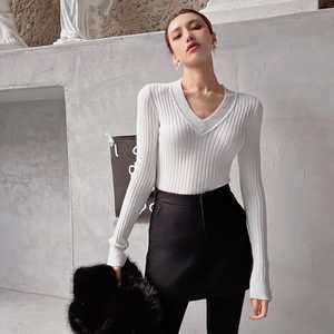 Women's Halter Neck Ribbed Knit Pullover Long Sleeve Solid White Canvas <b>Top</b> Elegant Style Autumn Wear Eco-Friendly - Product Image 4