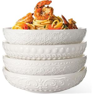 Set di 4 Ciotole per Pasta e Insalata da 32oz, 8 Pollici, in Ceramica Bianca, con Rilievo, Grandi Ciotole Piatte e Larghe per Pasta, Zuppa e Insalata - Product Image 1
