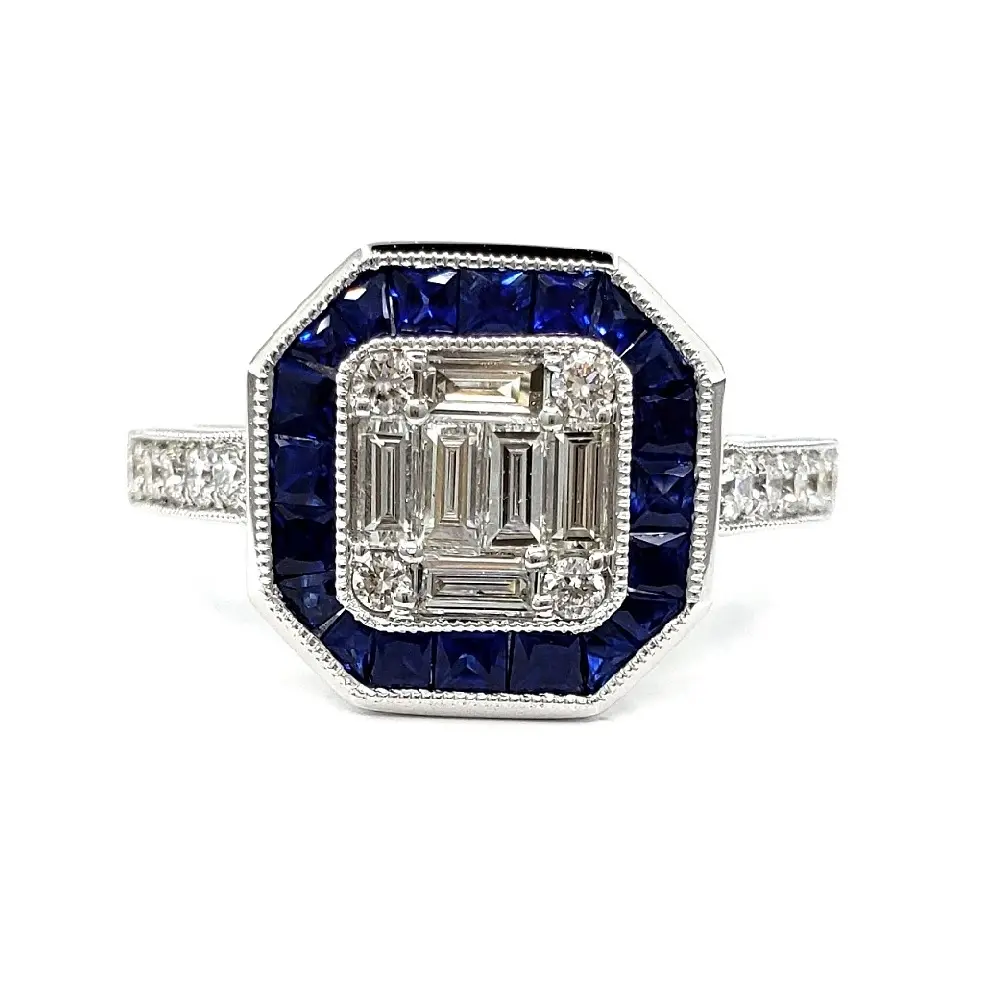 Op Maat Gemaakte Sieraden Romantisch Ontwerp Topkwaliteit 14K Massief Wit Goud Echte Diamant Myanmar Saapfier Ring Cluster Voor Vrouwen
