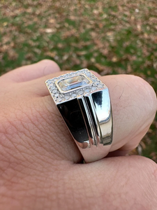 <b>Men's</b> Rhodium Plated Stainless Steel Cocktail <b>Ring</b> With Emerald Cut Cubic Zirconia Pave Setting Geometric Design Modern Style - Product Image 2