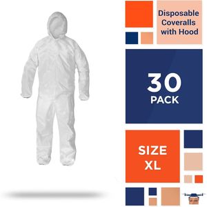 Overoles SF desechables, paquete de 30, capucha de Película microporosa X-Large blanca, cremallera, muñecas elásticas, protección, ropa de trabajo Unisex PPE - Product Image 2