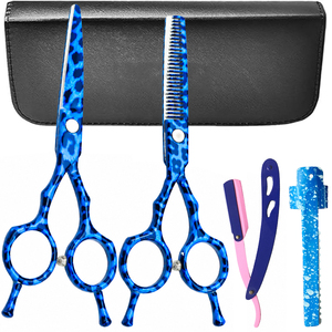 Ensemble de ciseaux de coiffure professionnels de 6 pouces, 4 pièces, en acier inoxydable, motif léopard bleu, avec rasoirs, OEM pour la coupe de la barbe, utilisation en salon - Product Image 1