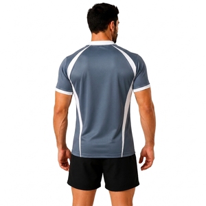 Maillot de rugby rayé bleu pour homme, manches courtes, col en V, tissu respirant, coupe ajustée, vêtements de sport toutes saisons - Product Image 2