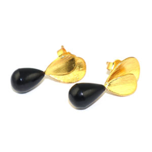 Boucles d'oreilles pendantes uniques en onyx noir, forme goutte, plaqué or 24 carats, motif feuille, en laiton, pour femmes et jeunes filles, vente en gros - Product Image 2