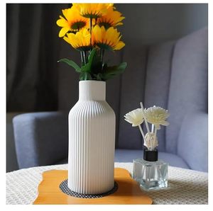 White <b>Ceramic</b> <b>Vases</b> Set of 3 Ribbed Matte Tabletop Flower <b>Vases</b> Modern Minimalist Decor for Home Wedding - Product Image 5
