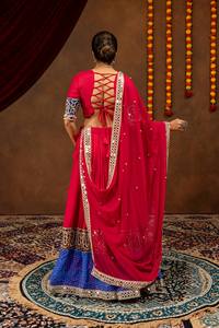 <b>Red</b> Blue Embroidered Floor-Length Loose Fit Quick Dry <b>Lehenga</b> Choli Set Cotton Net Unstitched Festival Indian Outfit for Women - Product Image 2
