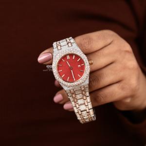 Reloj de Mujer de 34 mm con Moissanita, Esfera Roja, Tono Oro Rosa, Acero Inoxidable, Estilo Hip Hop, Lujoso y Brillante - Product Image 1