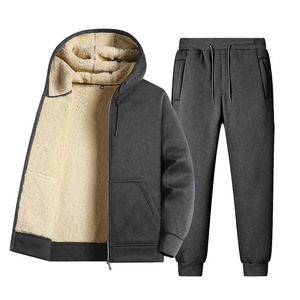Ensemble de survêtement deux pièces pour homme en molleton épais, uni, chaud, doublé sherpa, avec sweat à capuche et pantalon de jogging, vente en gros - Product Image 3