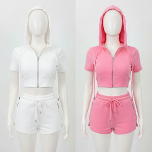 Ensemble deux pièces pour fille, tendance, 100% coton, sweat à capuche court zippé en molleton français, short taille haute avec poches et ceinture, coupe classique, OEM - Product Image 5