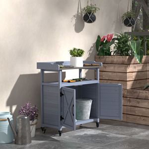 Banc de rempotage de table extérieur en aluminium avec armoire de rangement gris avec roues en caoutchouc pour patio, arrière-cour et balcon - Product Image 2