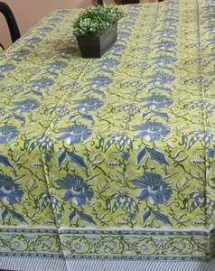 Nappe en coton imprimée à la main indienne, motif floral vert jaune bleu, rectangulaire, style bohème, pour salle à manger - Product Image 6