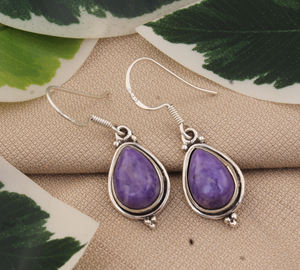 <b>Purple</b> Charoite Gemstone Cabochon Stone Vintage Hippie Boho Wedding Drop <b>Earring</b> 925 Sterling Solid Silver Women's Unisex - Product Image 4