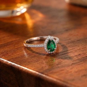 Pear <b>Emerald</b> Halo <b>Ring</b> <b>Emerald</b> Engagement <b>Ring</b> 925 Sterling <b>Silver</b> 14K Gold Plated May Birthstone Gift - Product Image 2